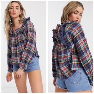 Free People Navy Combo Siena Plaid Pullover Blouse Sz. S